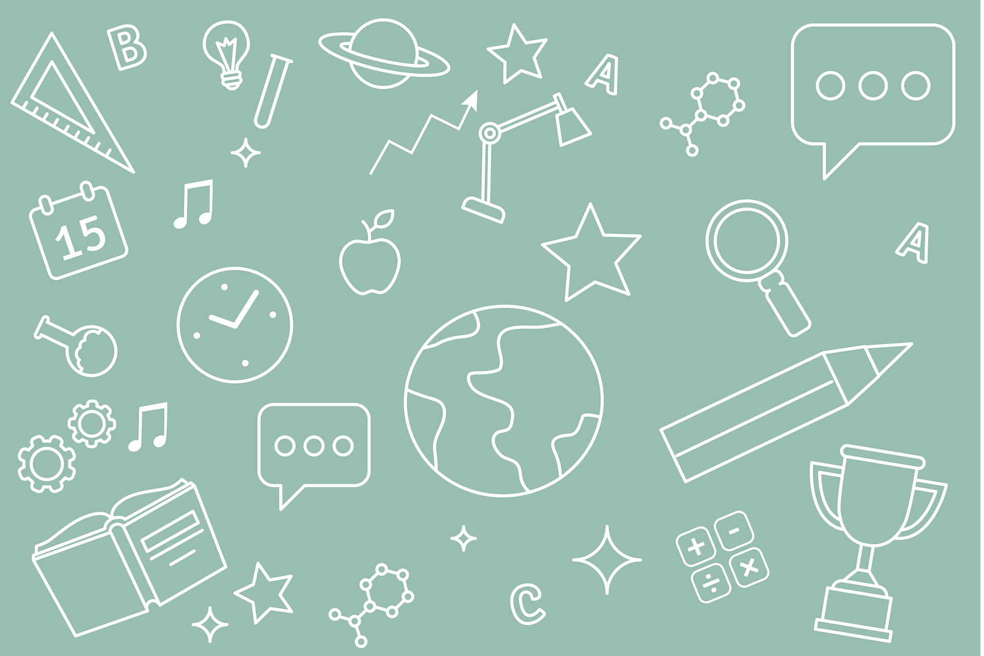 A sage green background covered in white doodle icons representing school subjects, a clock, a globe and a trophy